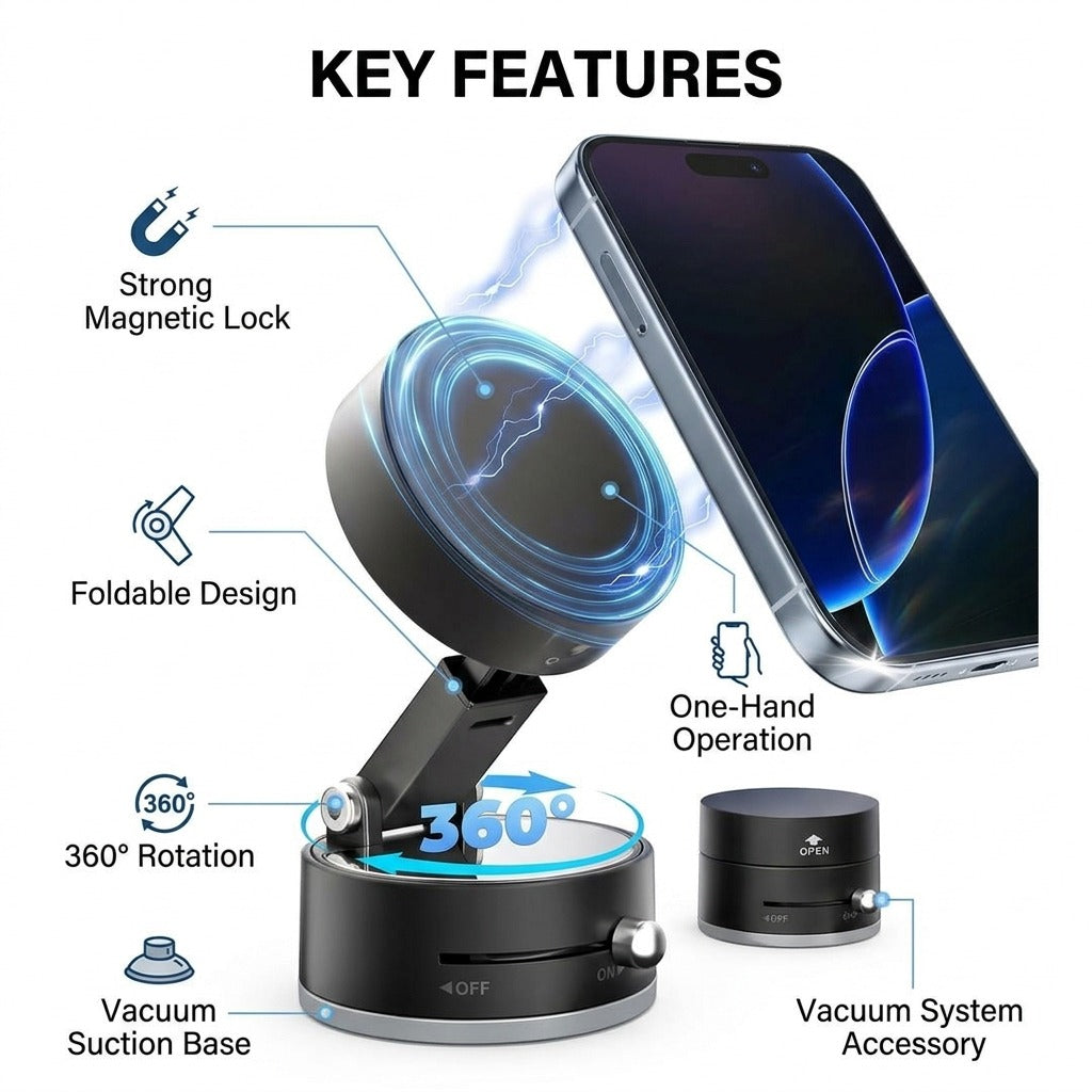 Foldable Vacuum Magnetic Car Phone Holder 360 Rotatable